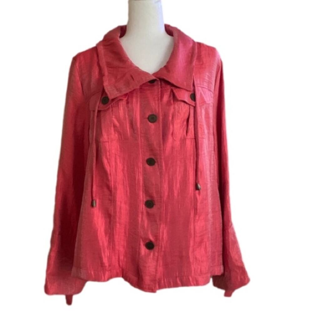 Elementz Blouse Jacket Shacket Orange Coral Shimmer Roll Tab Sleeves Large